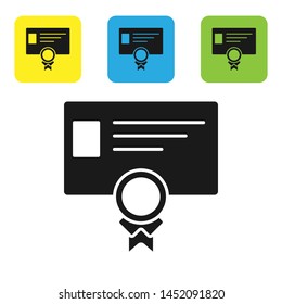 Black Certificate template icon isolated on white background. Achievement, award, degree, grant, diploma concepts. Business success certificate. Set icons colorful square buttons. Vector Illustration