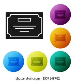 Black Certificate template icon isolated on white background. Achievement, award, degree, grant, diploma. Business success certificate. Set icons colorful circle buttons. Vector Illustration