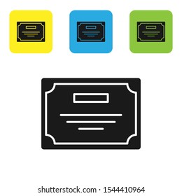 Black Certificate template icon isolated on white background. Achievement, award, degree, grant, diploma. Business success certificate. Set of colorful square icon buttons. Vector Illustration