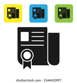Black Certificate template icon isolated on white background. Achievement, award, degree, grant, diploma. Business success certificate. Set of colorful square icon buttons. Vector Illustration