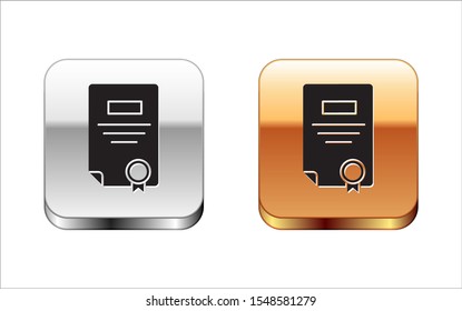 Black Certificate template icon isolated on white background. Achievement, award, degree, grant, diploma. Business success certificate. Silver-gold square button. Vector Illustration