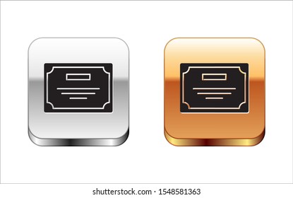 Black Certificate template icon isolated on white background. Achievement, award, degree, grant, diploma. Business success certificate. Silver-gold square button. Vector Illustration