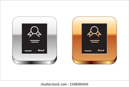 Black Certificate template icon isolated on white background. Achievement, award, degree, grant, diploma. Business success certificate. Silver-gold square button. Vector Illustration