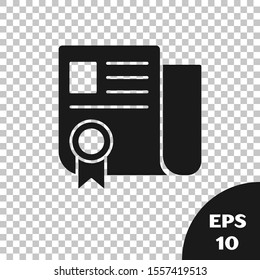 Black Certificate template icon isolated on transparent background. Achievement, award, degree, grant, diploma. Business success certificate.  Vector Illustration