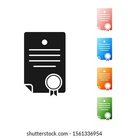 Black Certificate template icon isolated on white background. Achievement, award, degree, grant, diploma. Business success certificate. Set icons colorful. Vector Illustration