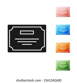 Black Certificate template icon isolated on white background. Achievement, award, degree, grant, diploma. Business success certificate. Set icons colorful. Vector Illustration