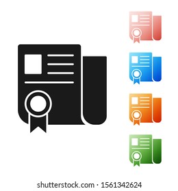 Black Certificate template icon isolated on white background. Achievement, award, degree, grant, diploma. Business success certificate. Set icons colorful. Vector Illustration