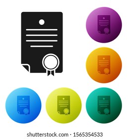 Black Certificate template icon isolated on white background. Achievement, award, degree, grant, diploma. Business success certificate. Set icons colorful circle buttons. Vector Illustration