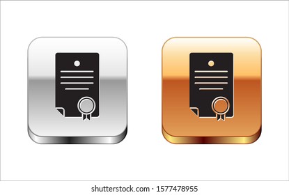 Black Certificate template icon isolated on white background. Achievement, award, degree, grant, diploma. Business success certificate. Silver-gold square button. Vector Illustration