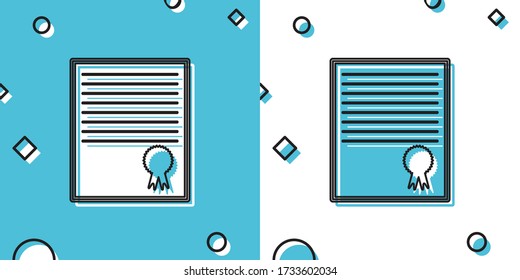 Icono de plantilla de certificado negro aislado en fondo azul y blanco. Logro, premio, título, subvención, diploma. Certificado de éxito comercial. Formas dinámicas aleatorias. Ilustración vectorial