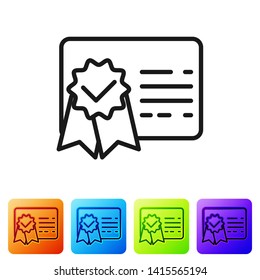 Black Certificate template line icon on white background. Achievement, award, degree, grant, diploma concepts. Business success certificate. Set icon in color square buttons. Vector Illustration