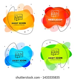 Black Certificate template line icon isolated. Achievement, award, degree, grant, diploma concepts. Business success certificate. Set of liquid color abstract geometric shapes. Vector Illustration