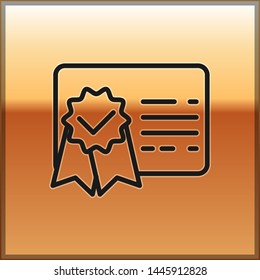 Black Certificate template line icon isolated on gold background. Achievement, award, degree, grant, diploma concepts. Business success certificate. Vector Illustration