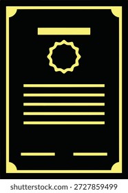 Un certificado negro con un borde amarillo y Elementos decorativos de esquina. Cuenta con un sello de estelada amarillo central y líneas Horizontales para el texto.