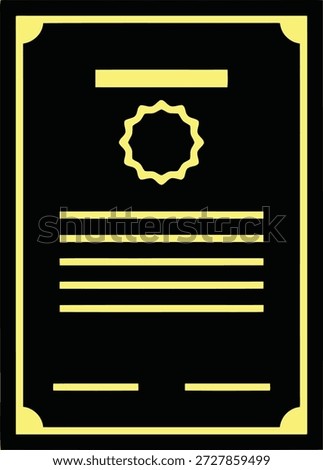 A black certificate with a yellow border and decorative corner elements. Features a central yellow starburst seal and horizontal lines for text.