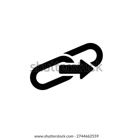 Black chain link icon with an arrow, symbolizing external links, redirection, hyperlinking, website navigation, sharing, and connection concepts on a white background.