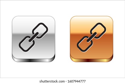 Black Chain link icon isolated on white background. Link single. Hyperlink chain symbol. Silver-gold square button. Vector Illustration