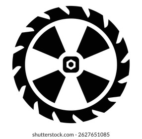 Black chainsaw disk icon. Sawing tool. Flat illustration.