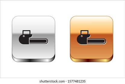 Black Chainsaw icon isolated on white background. Silver-gold square button. Vector Illustration