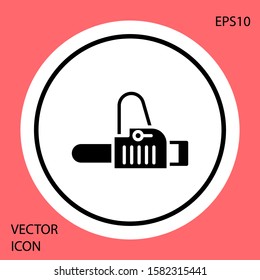 Black Chainsaw icon isolated on red background. White circle button. Vector Illustration