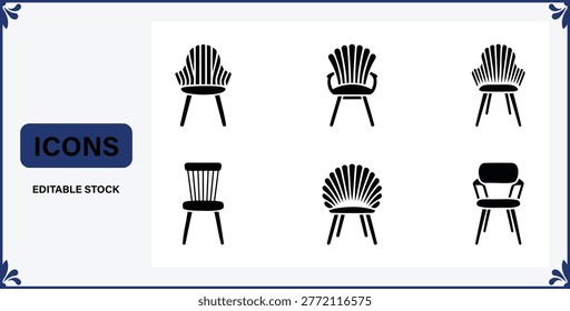 Black chair icons in different styles and design son white background