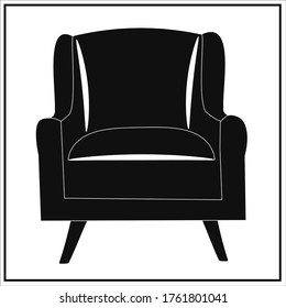 Black chair from the set of beautiful fashionable plain, black and white, gray and black velvet armchairs and sofa. Vector isolated image on a white background.Furniture, interior.