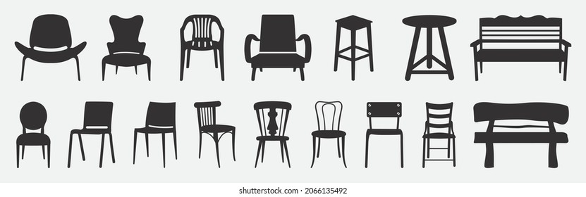 Black chair silhouettes group. Chair, table, bench  Seating icons set Vector illustration