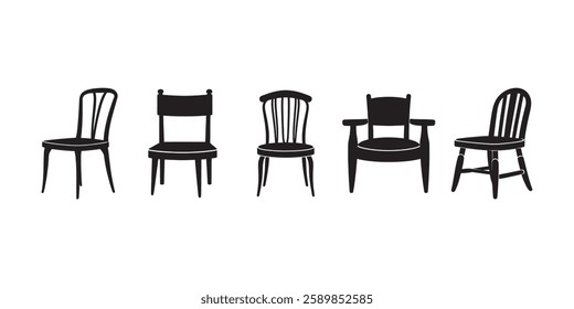 Black chair silhouettes group. Chair, table, bench Seating icons set Vector illustration . 