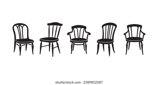 Black chair silhouettes group. Chair, table, bench Seating icons set Vector illustration . 