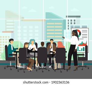 Black Chairwoman, Concept Vector Illustration. Board Of Directors Meeting With Black Woman As A CEO. Business Executive Meeting And Presentation. Business Concefence And Team Work