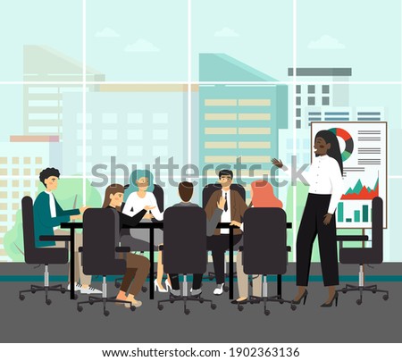 Black chairwoman, concept vector illustration. Board of directors meeting with black woman as a CEO. Business executive meeting and presentation. Business concefence and team work