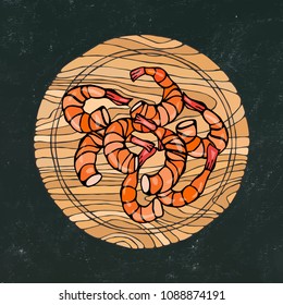 Black Chalk Board Background. Cooked Shrimps on Skewers on Round Cutting Board. Prawns For Cooking, Holiday Meals, Recipes, Seafood Guide, Menu. Hand Drawn Illustration. Savoyar Doodle Style.