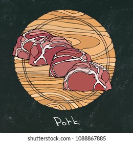 Black Chalk Board Background. Crude Pork Slices on a Round Wooden Cutting Board. Pig Cuts. Butcher Shop or Steak House Restaurant Menu. Fresh Ingredient. Hand Drawn Illustration. Savoyar Doodle Style.
