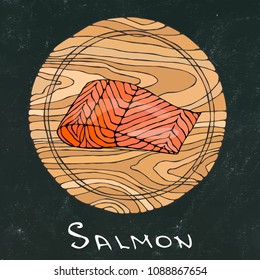 Black Chalk Board Background. Filet of Raw Salmon Fish on Round Cutting Board. Fish Cut Slice For Cooking, Holiday Meals, Recipes, Seafood Guide, Menu. Hand Drawn Illustration. Savoyar Doodle Style.