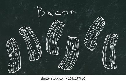 Black Chalk Board Background. Fried Bacon Slices. Roasted Pork Cut. Meat Guide for Butcher Shop or Steak House Menu. English Breakfast Ingredient. Hand Drawn Illustration. Doodle Style.