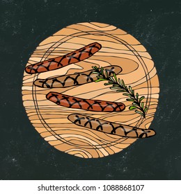 Black Chalk Board Background. Grilled Sausages with Rosemary on a Round Wooden Cutting Board. Fast Food or Restaurant Menu. Fresh Ingredient. Hand Drawn Illustration. Savoyar Doodle Style.
