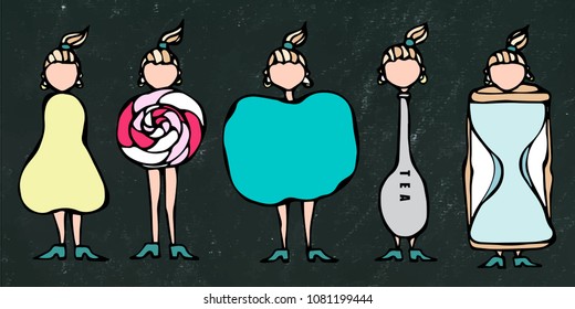 Black Chalk Board Background. Pear, Lollipop, Apple, Spoon, Hourglass Women Body Type Figure Shape Sketch. Hand Drawn Vector Illustration. Caricature. Doodle Style.