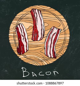 Black Chalk Board Background. Raw Bacon Slices on a Round Wooden Cutting Board. Beef Cut. Meat Guide for Butcher Shop English Breakfast Ingredient. Hand Drawn Illustration. Savoyar Doodle Style.