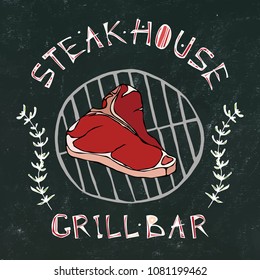 Black Chalk Board Background. Steak House or Grill Bar Logo. T-Bone Steak Beef Cut with Lettering in Thyme Herb Frame. Meat Logo for Butcher Shop, Menu. Hand Drawn Illustration. Doodle Style.