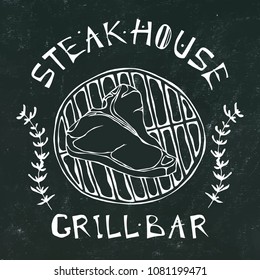 Black Chalk Board Background. Steak House or Grill Bar Logo. T-Bone Steak Beef Cut with Lettering in Thyme Herb Frame. Meat Logo for Butcher Shop, Menu. Hand Drawn Illustration. Doodle Style.