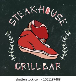 Black Chalk Board Background. Steak House or Grill Bar Logo. T-Bone Steak Beef Cut with Lettering in Thyme Herb Frame. Meat Logo for Butcher Shop, Menu. Hand Drawn Illustration. Doodle Style.