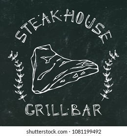 Black Chalk Board Background. Steak House or Grill Bar Logo. T-Bone Steak Beef Cut with Lettering in Thyme Herb Frame. Meat Logo for Butcher Shop, Menu. Hand Drawn Illustration. Doodle Style.