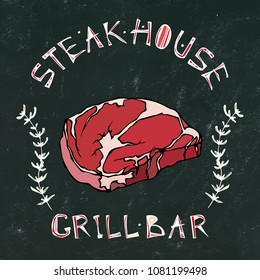 Black Chalk Board Background. Steak House or Grill Bar Logo. T-Bone Steak Beef Cut with Lettering in Thyme Herb Frame. Meat Logo for Butcher Shop, Menu. Hand Drawn Illustration. Doodle Style.
