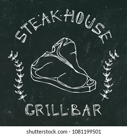 Black Chalk Board Background. Steak House or Grill Bar Logo. T-Bone Steak Beef Cut with Lettering in Thyme Herb Frame. Meat Logo for Butcher Shop, Menu. Hand Drawn Illustration. Doodle Style.