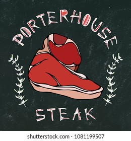 Black Chalk Board Background. Steak House or Grill Bar Logo. T-Bone Steak Beef Cut with Lettering in Thyme Herb Frame. Meat Logo for Butcher Shop, Menu. Hand Drawn Illustration. Doodle Style.