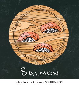 Black Chalk Board Background. Sushi Nigiri with Salmon Fish on Round Cutting Board. Fish Cut Slice For Cooking, Holiday Meals, Recipes, Seafood Guide. Hand Drawn Illustration. Savoyar Doodle Style.