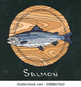 Black Chalk Board Background. Whole Raw Salmon Fish on Round Cutting Board. For Cooking, Holiday Meals, Recipes, Seafood Guide, Menu. Hand Drawn Illustration. Savoyar Doodle Style.