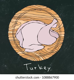 Black Chalk Board Background. Whole Raw Turkey, Chicken Carcass on Round Cutting Board. For Cooking, Holiday Meals Christmas, Thanksgiving , Recipes. Hand Drawn Illustration. Savoyar Doodle Style.