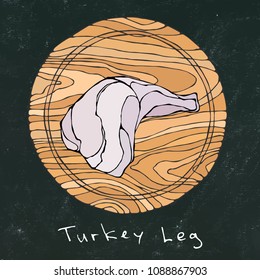 Black Chalk Board Background. Whole Raw Turkey, Chicken Carcass on Round Cutting Board. For Cooking, Holiday Meals Christmas, Thanksgiving , Recipes. Hand Drawn Illustration. Savoyar Doodle Style.