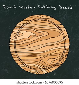 Black Chalk Board. Empty Round Wooden Cutting Board. Kitchen Tools and Equipment. Hand Drawn Vector Illustration. Savoyar Doodle Style.